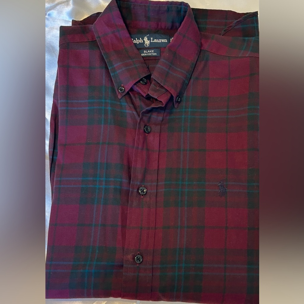 Ralph‎ Lauren Shirt Men Large Red Tartan Plaid Blake Long Sleeve Small Pony